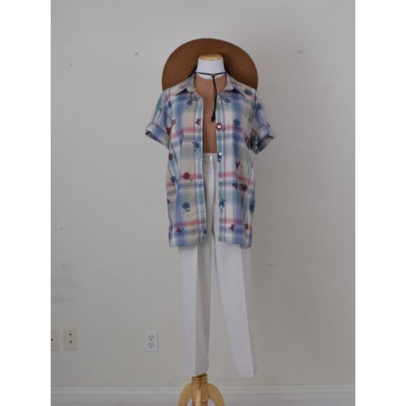 Vintage 80s Floral/Plaid Blouse - Picture 9 of 10